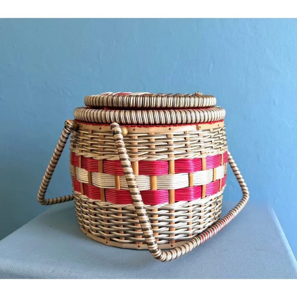 1950s Wicker Sewing Basket 2 Tier Double Box Purse Red Tufted Tray Pull Out